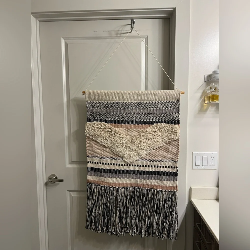 Bohemian Woven Wall Hanging in Black, Cream, and Tan